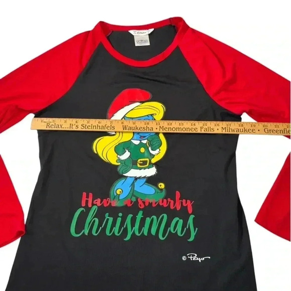 The Smurfs Have A Smurfy Christmas Xmas Woman's Medium Smurfette Black Red Shirt - Picture 7 of 12